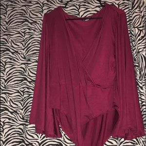 Burgundy bell sleeve body suit